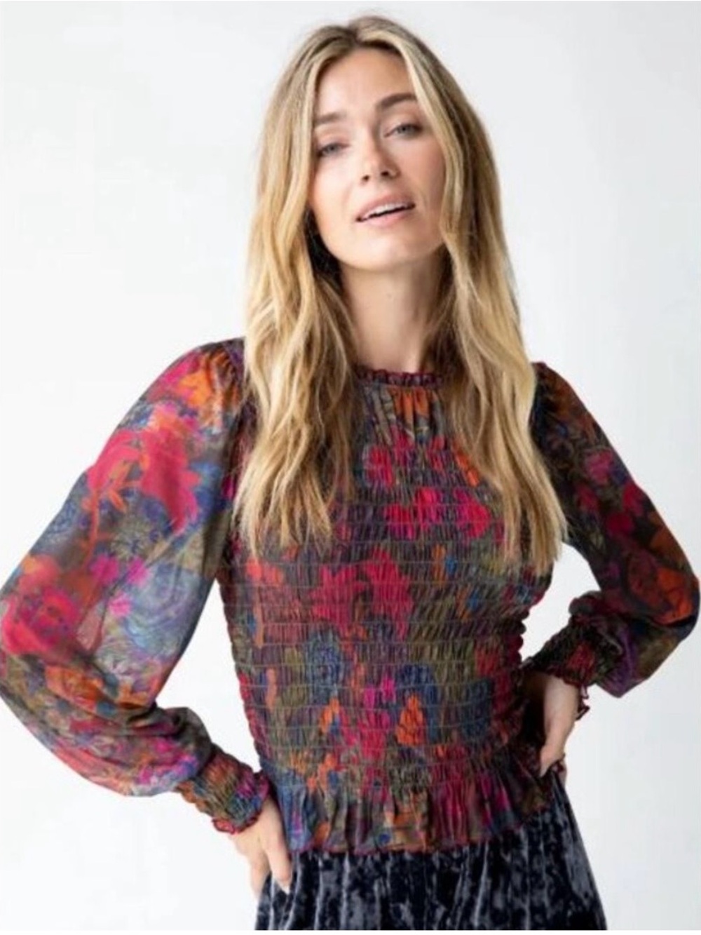 NATURAL LIFE Juliana Multicolor Sheer Floral Smocked Top size L.boho,summer,mesh